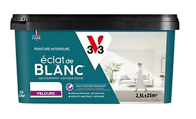 Peinture murs, plafonds et boiseries éclat de blanc V33 blanc velours 2,5L