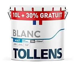 Peinture bicouche murs plafonds boiseries Tollens blanc mat 10L + 30% gratuit