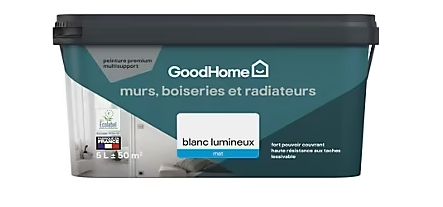 Peinture murs, plafonds et radiateurs GoodHome blanc lumineux mat 5L