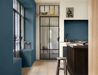 Peinture haute résistance Crème de couleur cuisine et bain Dulux Valentine bleu paon satin 0,75L