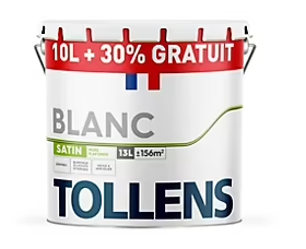 Peinture bicouche murs plafonds boiseries Tollens blanc satin 10L + 30% gratuit