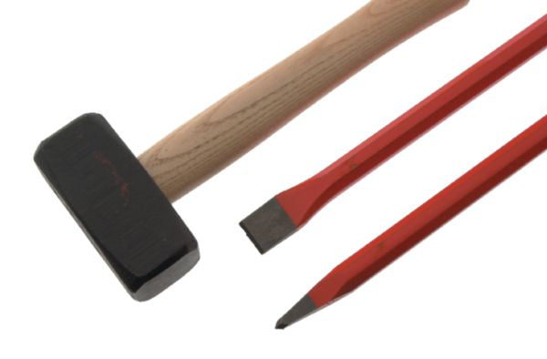 Lot d'outils forgés massette manche en bois 1,2 kg + ciseau à pierre L. 300 mm + burin L. 300 mm