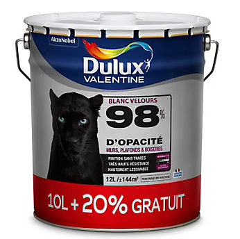 Peinture murs plafonds et boiseries Dulux Valentine 98% monocouche velours blanc 10L + 20% gratuit