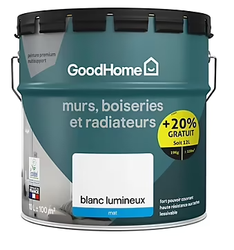 Peinture murs, boiseries et radiateurs haute résistance blanc mat GoodHome 10L + 20% gratuit