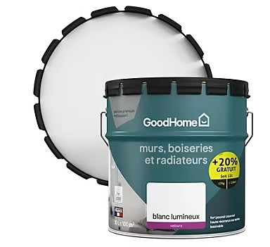 Peinture murs, boiseries et métal GoodHome haute résistance blanc velours 10L + 20% gratuit