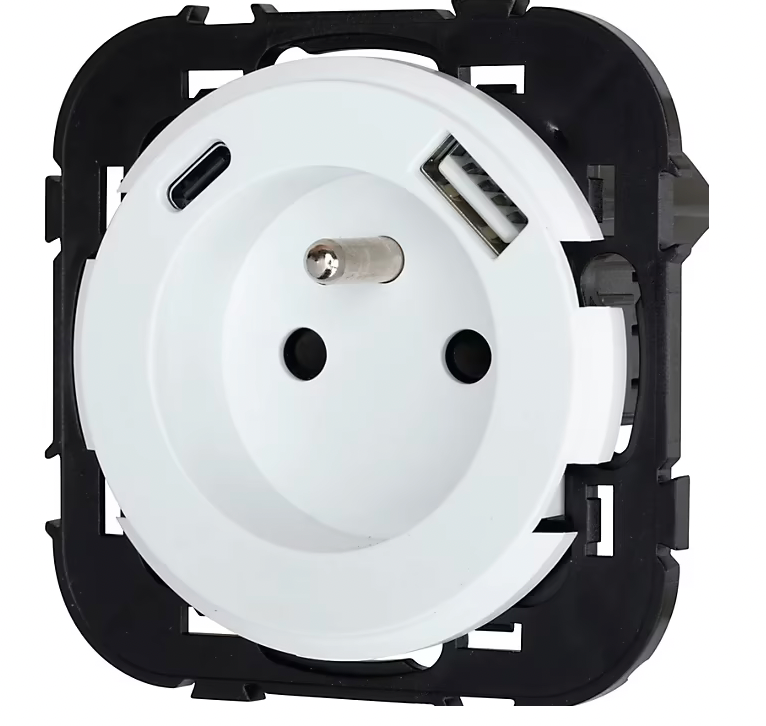 Prise avec terre Jacobsen Espen blanc à composer, 2xUSB-A+C