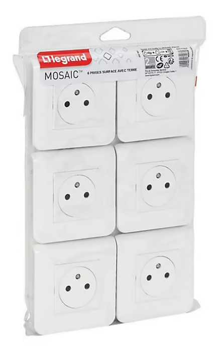 Prise 2 pôles + terre à vis Legrand Mosaïc blanc, lot de 6