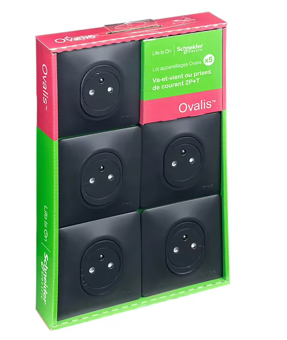 5 prises de courant avec terre affleurante Schneider Electric Ovalis anthracite