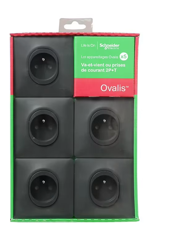 Prise avec terre complète Schneider Electric Ovalis anthracite, lot de 5