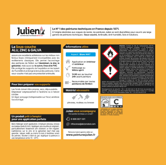 Sous-couche aluminium, zinc, cuivre, galvanisé, JULIEN, 2.5 l