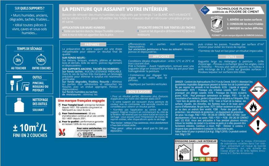 Peinture mur et plafond blanc mat V33 assainissante anti-humidité 2.5l