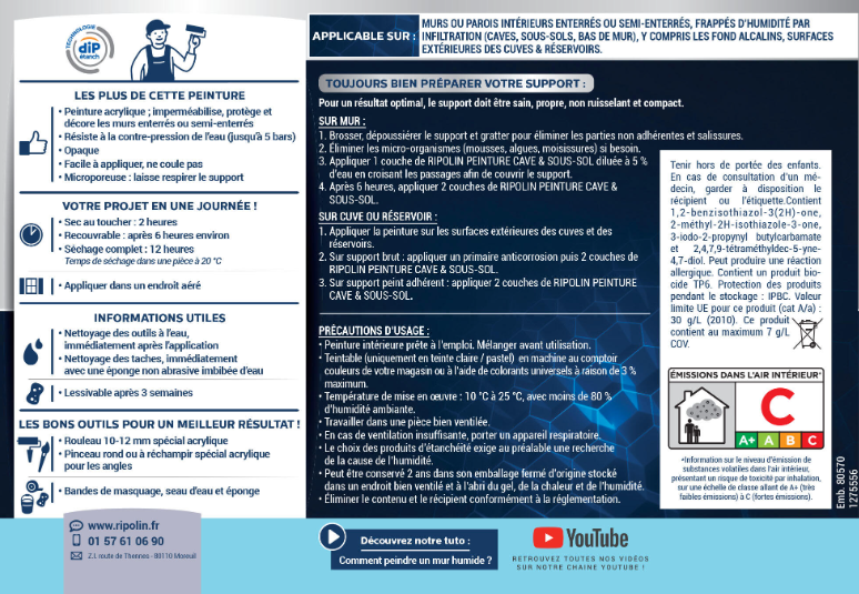 Peinture mur blanc satin RIPOLIN Cave & sous-sol 0.75L