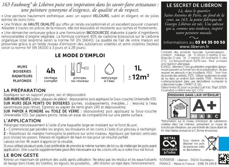 Peinture mur, boiserie bleu couture velours LIBÉRON 163 faubourg 125ml
