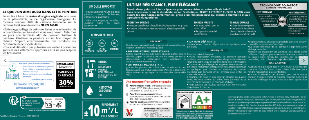 Peinture mur vert cristalin velours V33 Resist extrême cuisine et bain 2L