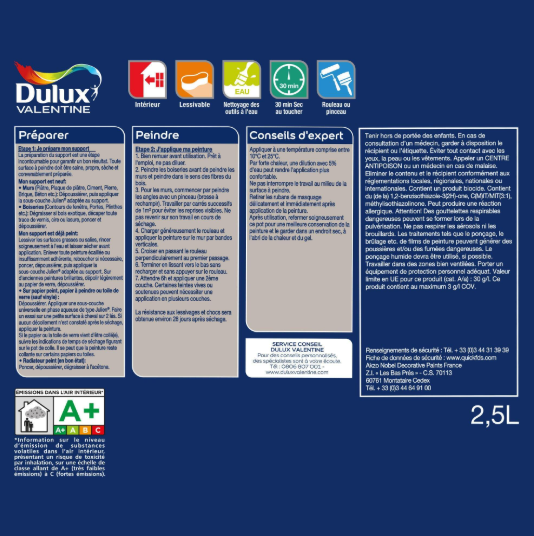 Peinture mur, boiserie bleu céleste satin DULUX VALENTINE Crème de couleur 2.5L