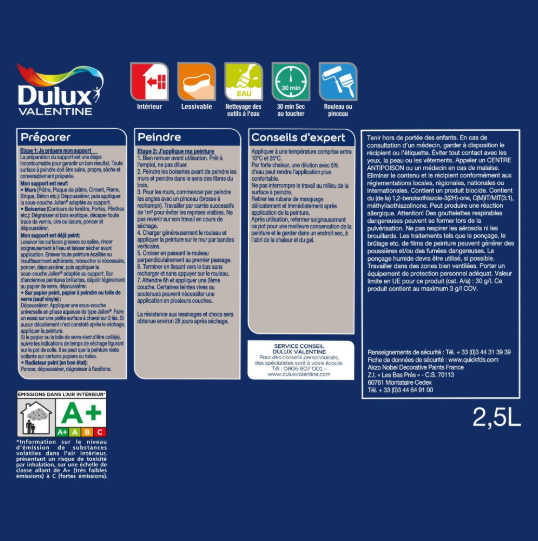 Peinture mur, boiserie lin brut satin DULUX VALENTINE Crème de couleur 2.5L