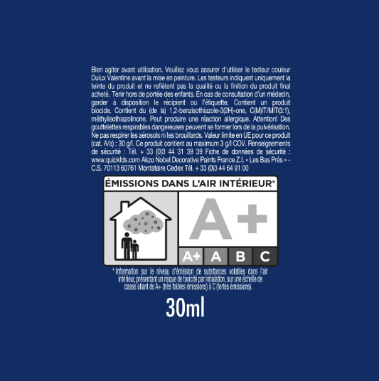 Peinture mur, boiserie indigo satin DULUX VALENTINE Crème de couleur 0.03L