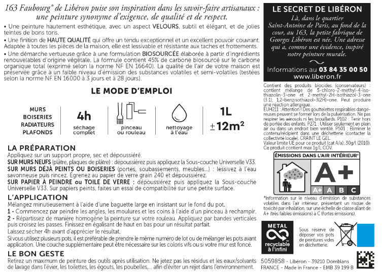 Peinture mur, boiserie beige bottier velours LIBÉRON 163 faubourg 125ml