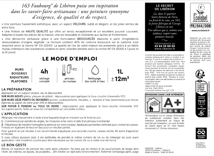 Peinture mur, boiserie crème st honoré velours LIBÉRON 163 fauboug 0.5L