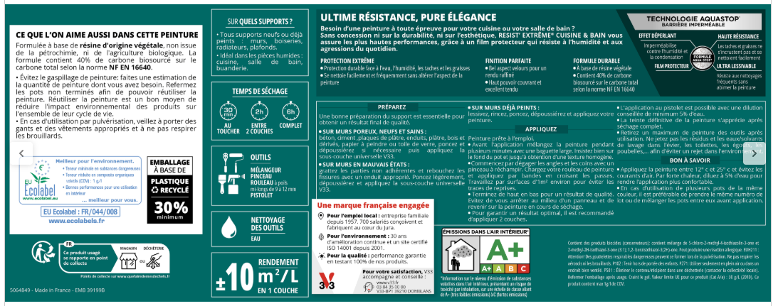 Peinture mur voile de coton velours V33 Resist extrême cuisine et bain 0.75L