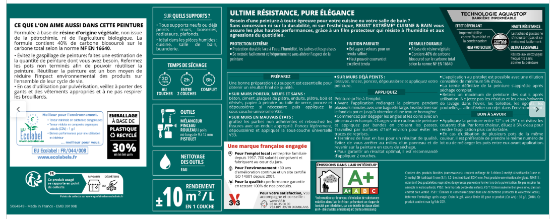 Peinture mur bleu denim velours V33 Resist extrême cuisine et bain 0.75L