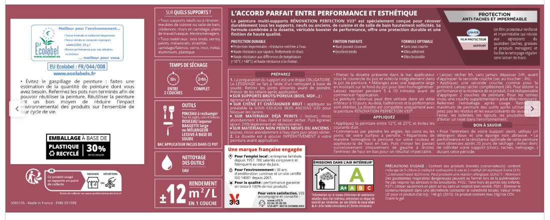 Peinture meuble bleu céladon satin V33 Rénovation cuisine et bain 0.75l