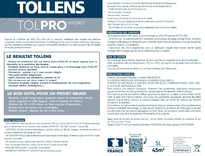 Peinture extérieure façade Tolpro hydropliolite® TOLLENS PRO blanc mat 5l