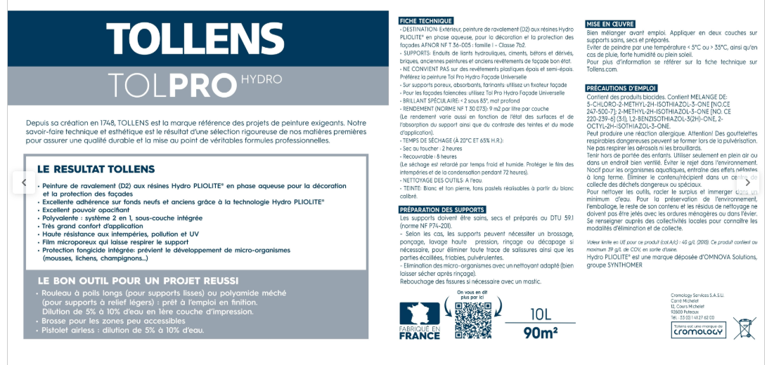 Peinture extérieure façade Tolpro hydropliolite® TOLLENS PRO blanc mat 10l
