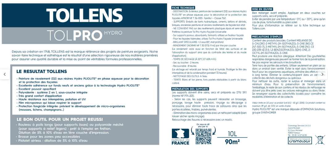Peinture extérieure façade Tolpro hydropliolite® TOLLENS PRO ton pierre mat 10l