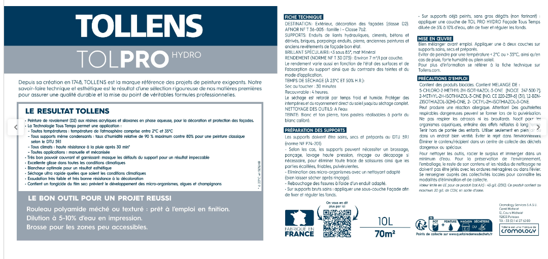Peinture extérieure façade Tolpro tous temps TOLLENS PRO blanc mat 10l