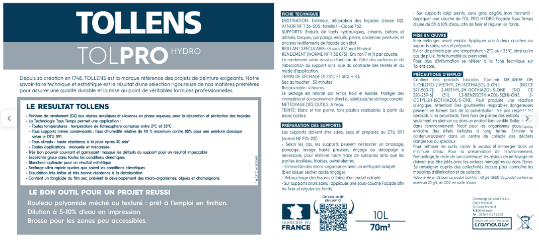 Peinture extérieure façade Tolpro tous temps TOLLENS PRO ton pierre mat 10l