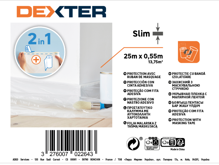 Bâche de protection avec ruban de masquage DEXTER, L.25.0 x l.0.55 m