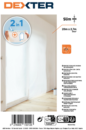 Bâche de protection avec ruban de masquage DEXTER, L.20 x l.2.7 m