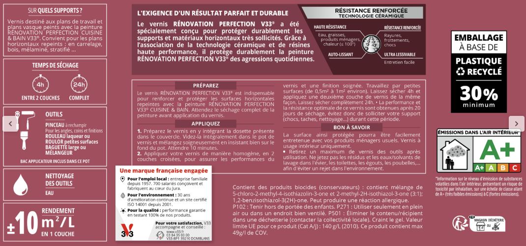 Vernis Rénovation cuisine et bain, V33, incolore satiné, 0.75L