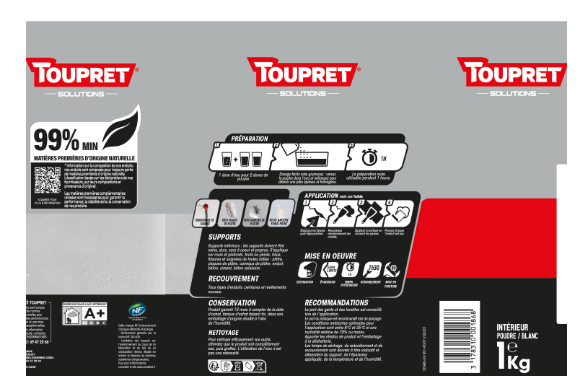 Enduit de rebouchage en poudre Extra rebouch TOUPRET blanc 1 kg