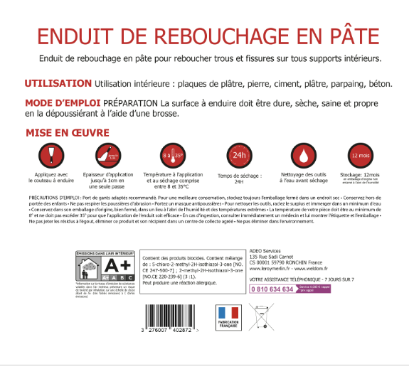 Enduit de rebouchage en pâte Prêt à l'emploi blanc 4 kg