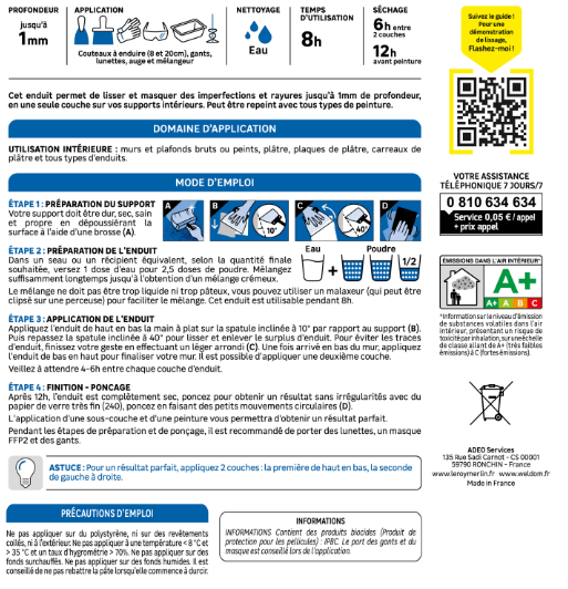 Enduit de lissage en poudre , AXTON blanc 5 kg