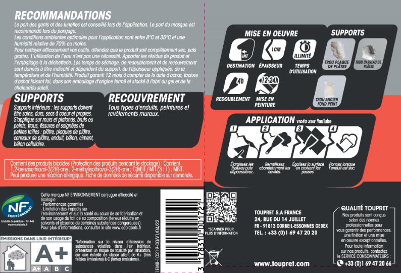 Enduit de rebouchage en pâte Rapid'rebouch TOUPRET blanc 1.25 kg