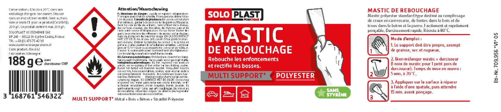 Mastic de rebouchage polyester SOLOPLAST, 188g