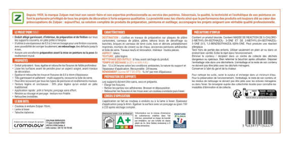 Enduit de rebouchage et lissage en pâte allégée ZOLPAN blanc 400 ml