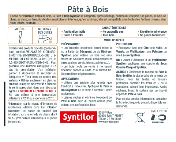 Pâte à bois , SYNTILOR chêne clair 250 g