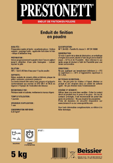 Enduit de lissage en poudre F PRESTONETT blanc 5 kg