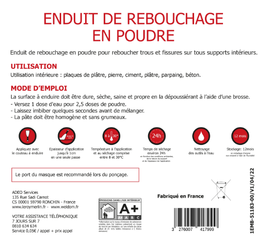 Enduit de rebouchage en poudre blanc 15 kg