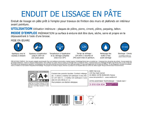 Enduit de lissage en pâte Prêt à l'emploi blanc 15 kg