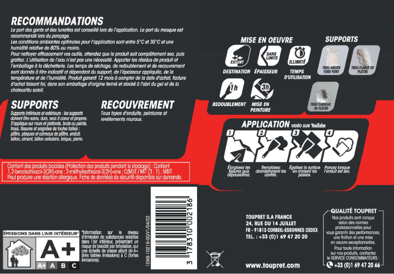 Enduit de rebouchage en pâte Reparation express TOUPRET gris clair 1 l