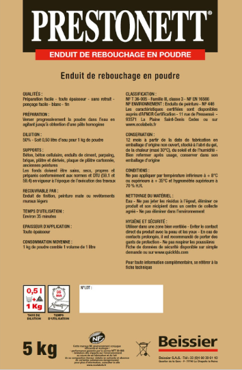Enduit de rebouchage en poudre R PRESTONETT blanc 5 kg