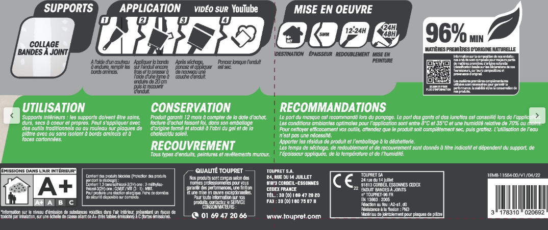 Enduit pour bande à joint en pâte , TOUPRET blanc 5 kg