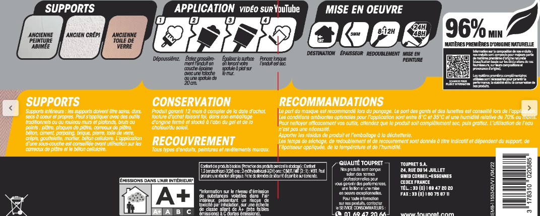 Enduit de rénovation et garnissant en pâte Rapid'rénov TOUPRET blanc 7 kg