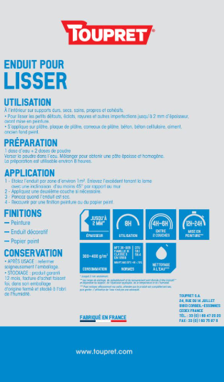 Enduit de lissage en poudre F TOUPRET blanc 25 kg
