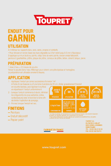 Enduit de rénovation et garnissant en poudre G TOUPRET blanc 25 kg